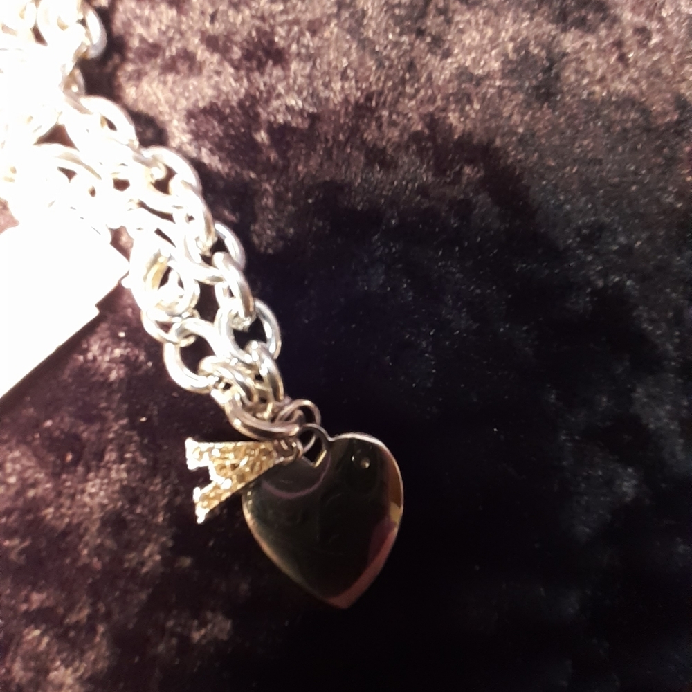 Silver Heart Charm Bracelet Crystal Initial A - Picture 2 of 2